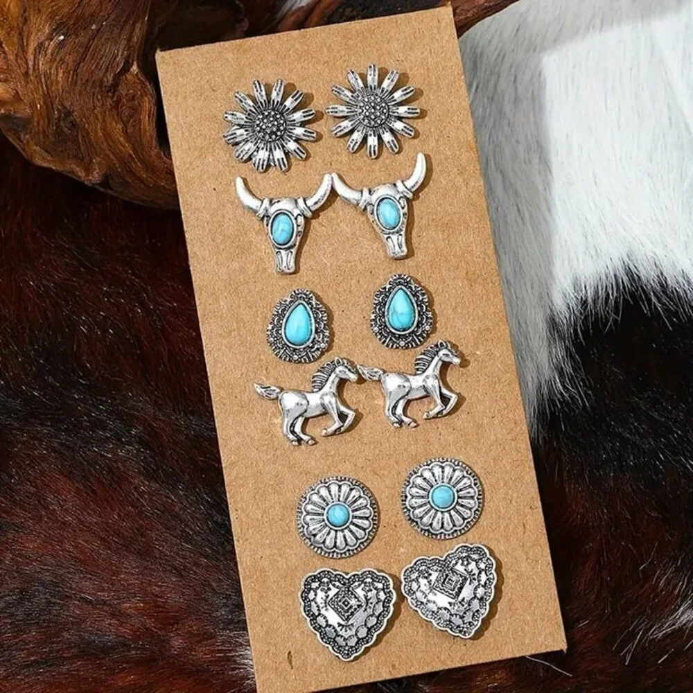 6 Pairs Vintage Western Turquoise Earrings Set – Boho Chic Jewelry, heart, horse